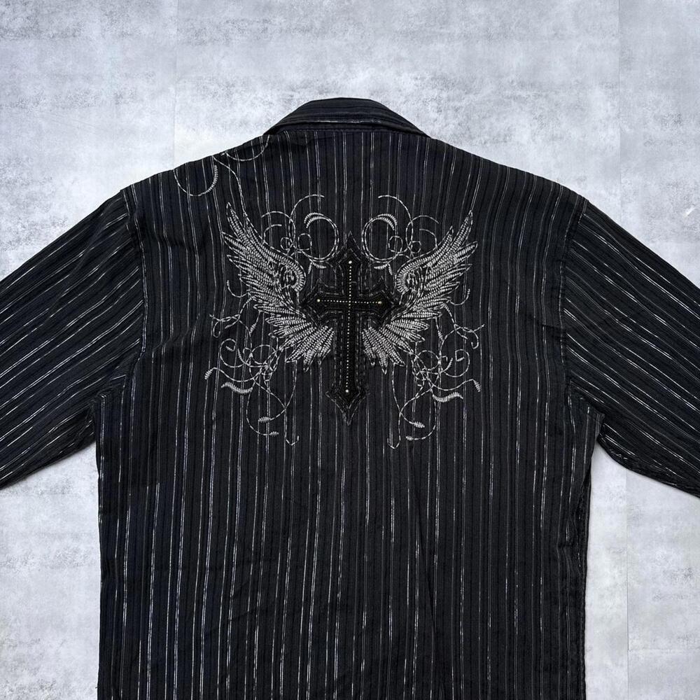 Y2K Lamasini Cross Embroidered 00s Button Up Shirt - Picture 5 of 7